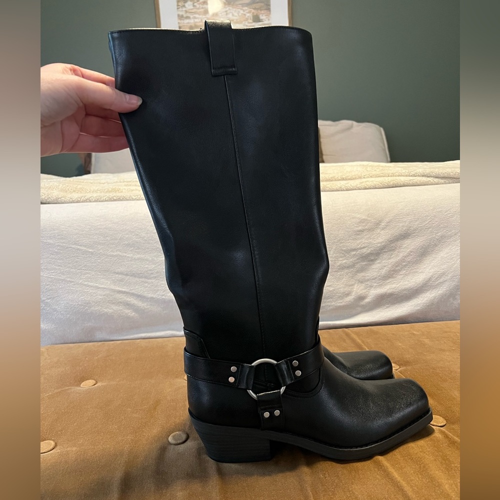 Black Leather Women's Knee High Biker Boots